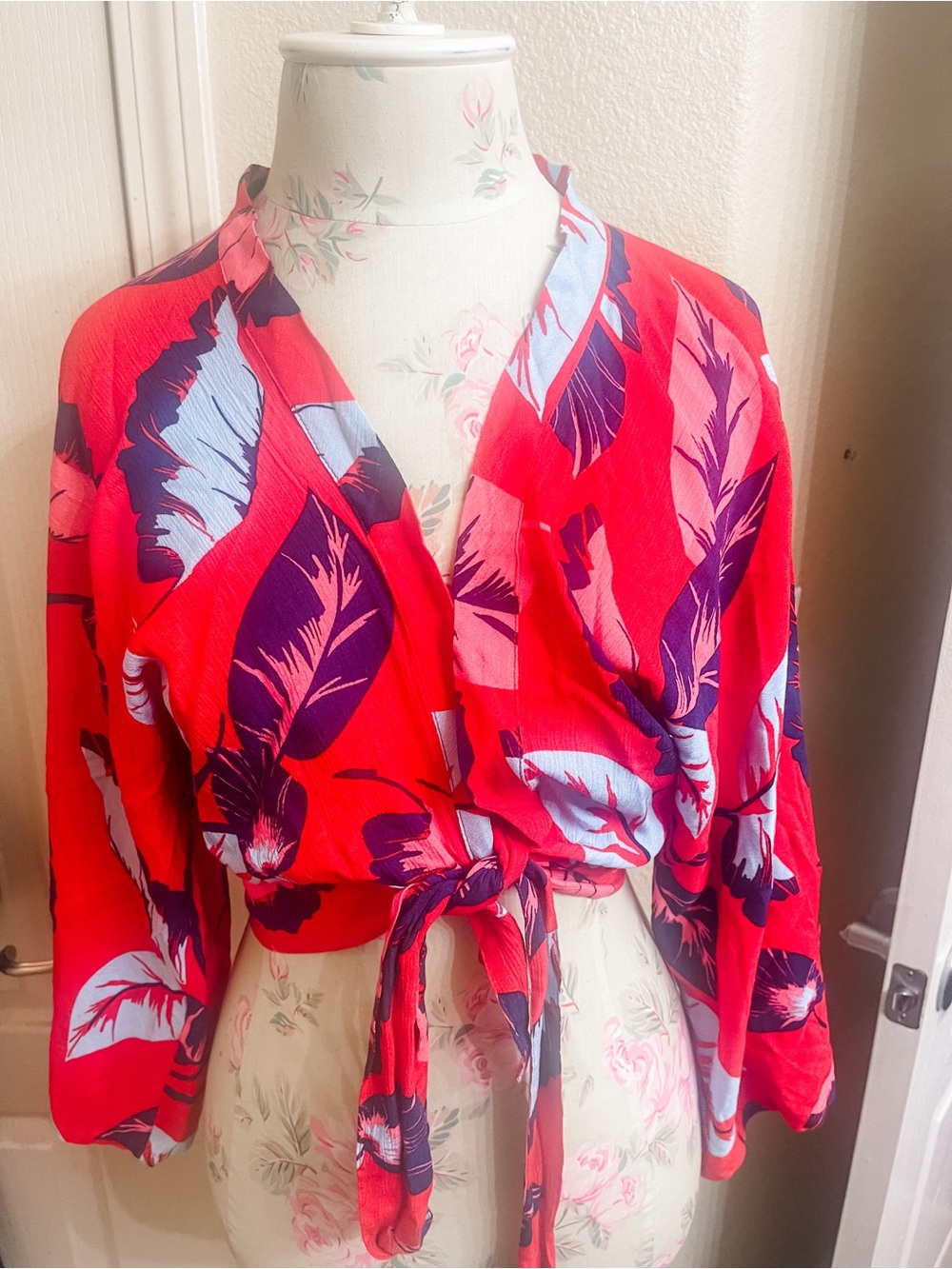 Red Tropical Tie-Front Robe Top